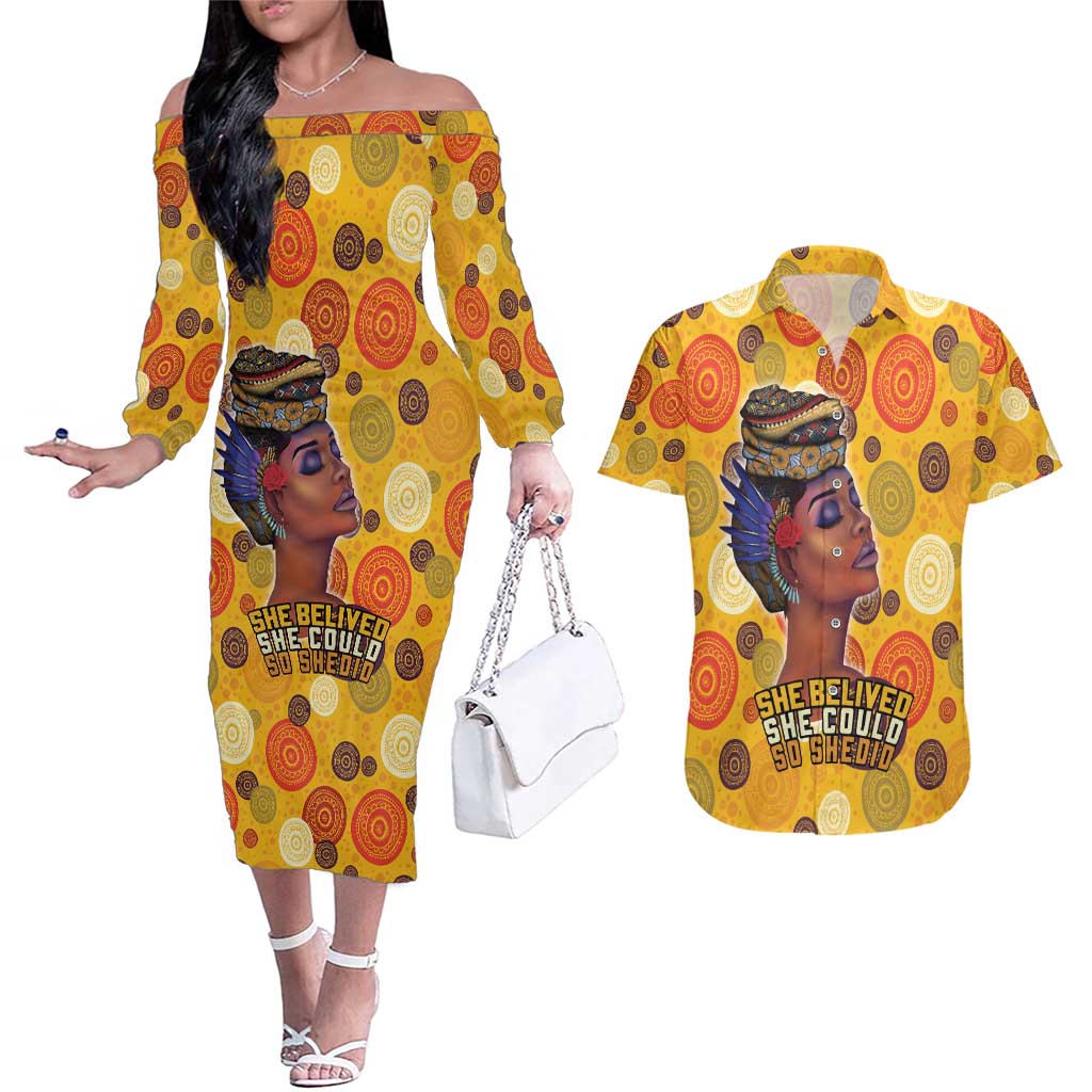 African She Believed Couples Matching Off The Shoulder Long Sleeve Dress and Hawaiian Shirt She Could So She Did