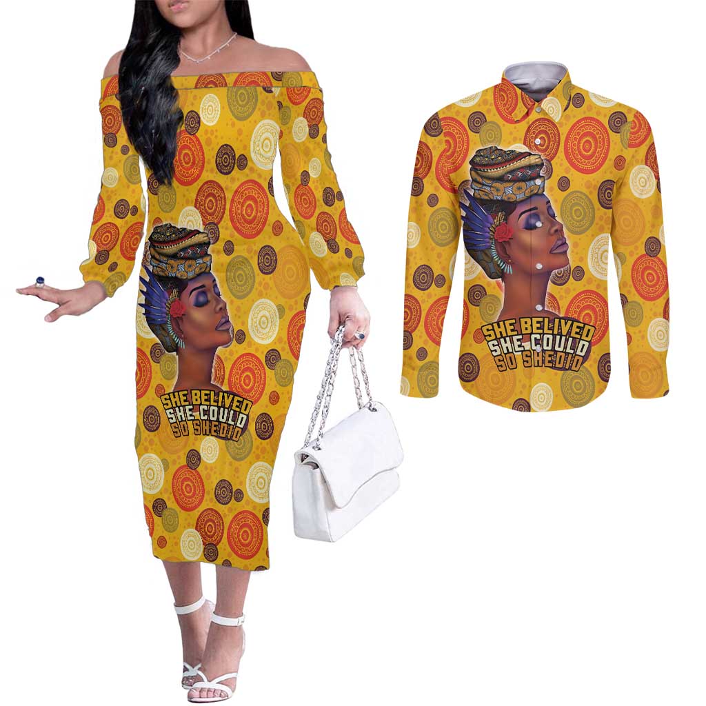 African She Believed Couples Matching Off The Shoulder Long Sleeve Dress and Long Sleeve Button Shirt She Could So She Did