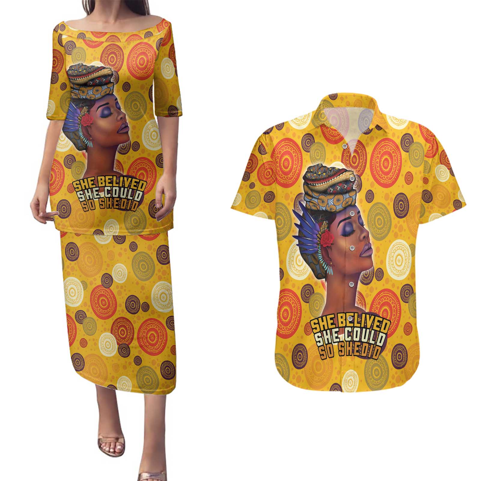 African She Believed Couples Matching Puletasi and Hawaiian Shirt She Could So She Did