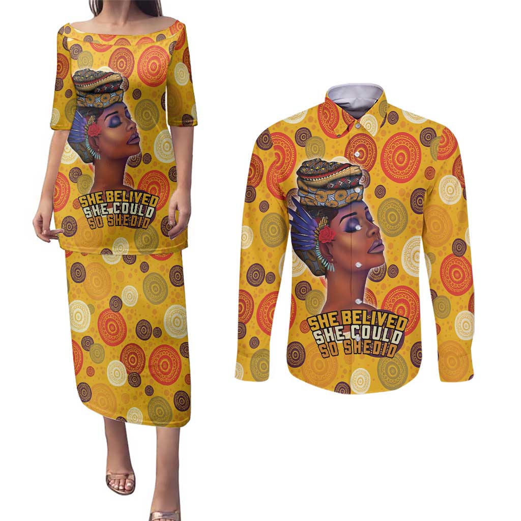 African She Believed Couples Matching Puletasi and Long Sleeve Button Shirt She Could So She Did