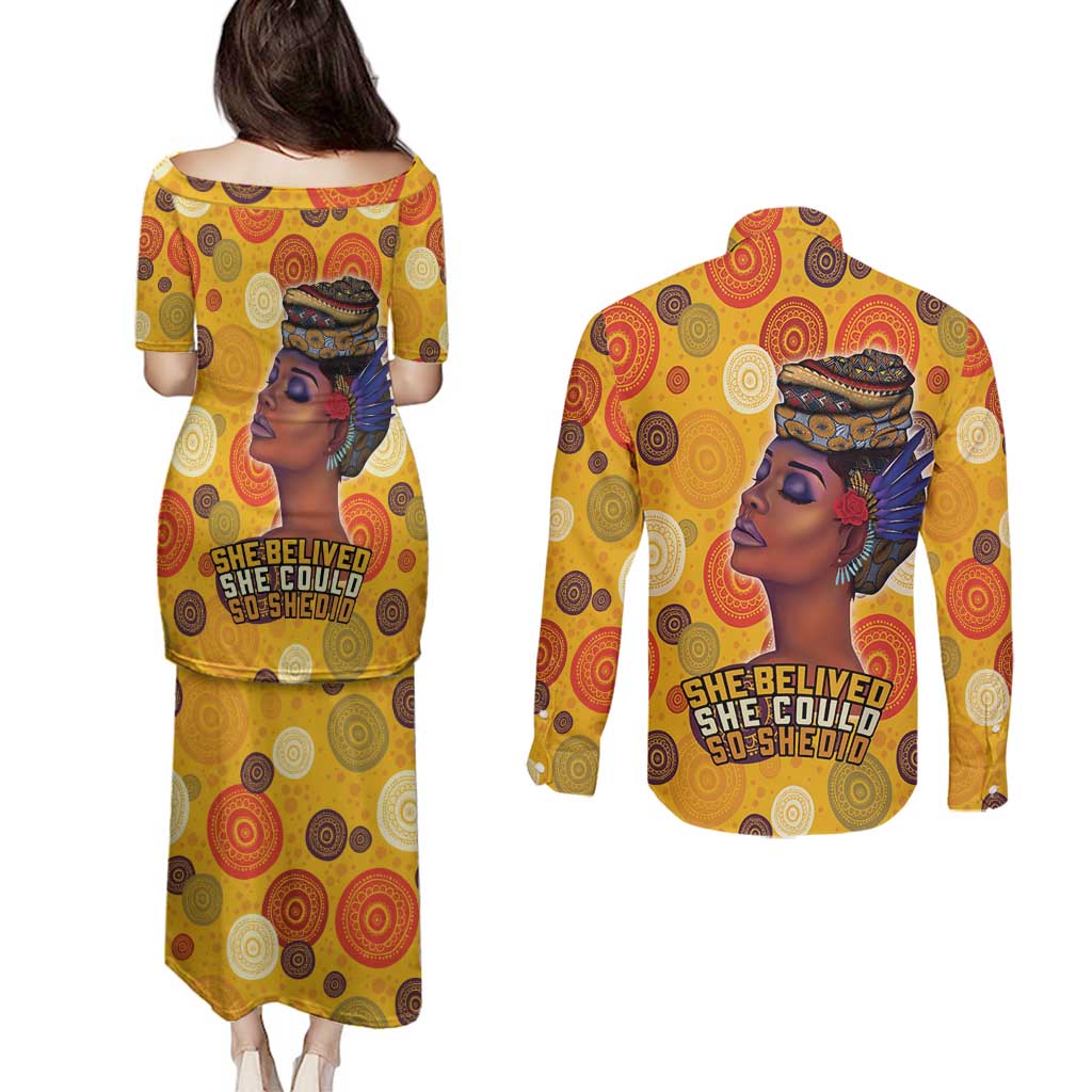 African She Believed Couples Matching Puletasi and Long Sleeve Button Shirt She Could So She Did