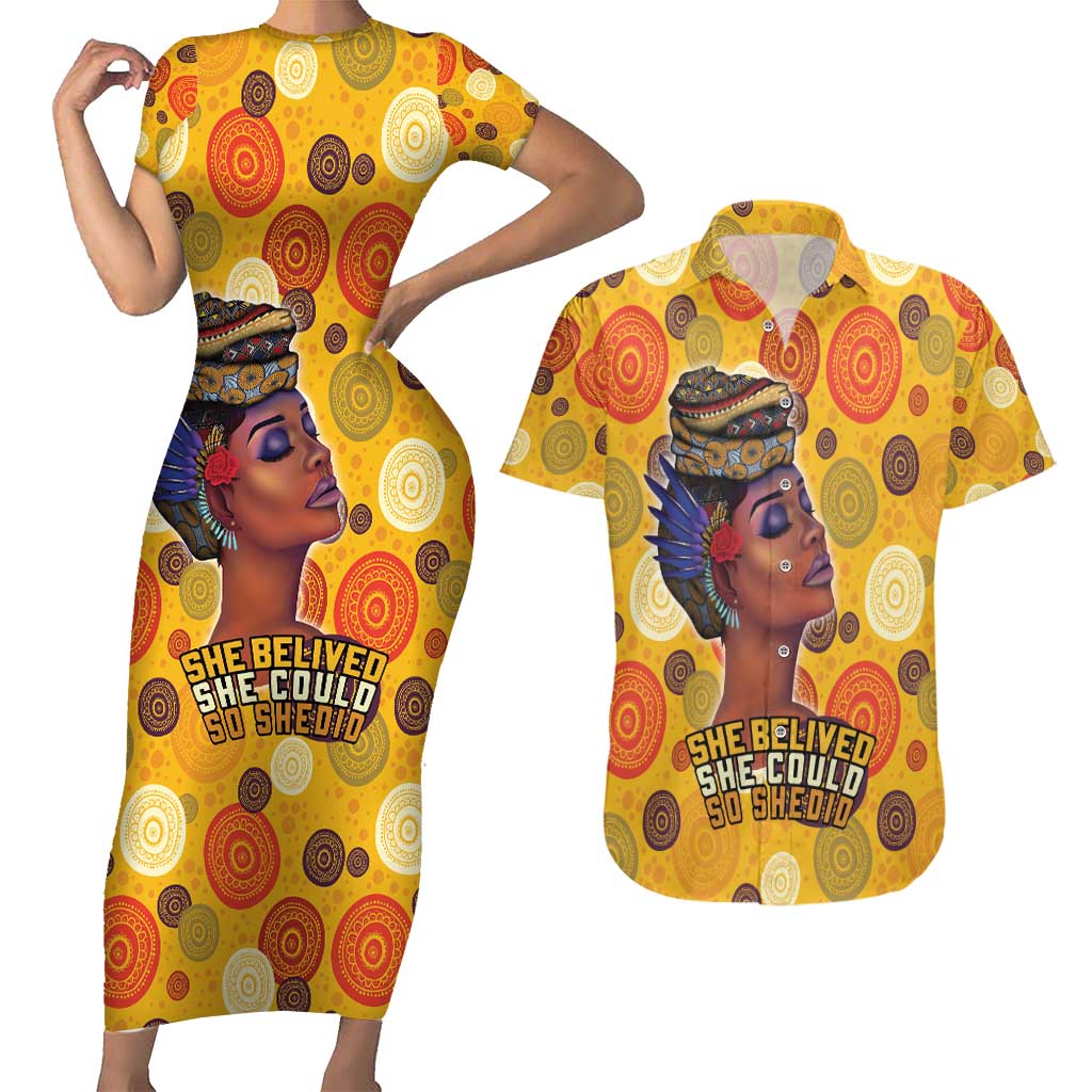 African She Believed Couples Matching Short Sleeve Bodycon Dress and Hawaiian Shirt She Could So She Did