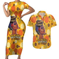 African She Believed Couples Matching Short Sleeve Bodycon Dress and Hawaiian Shirt She Could So She Did