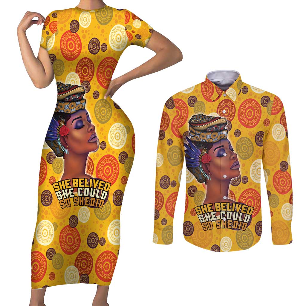 African She Believed Couples Matching Short Sleeve Bodycon Dress and Long Sleeve Button Shirt She Could So She Did