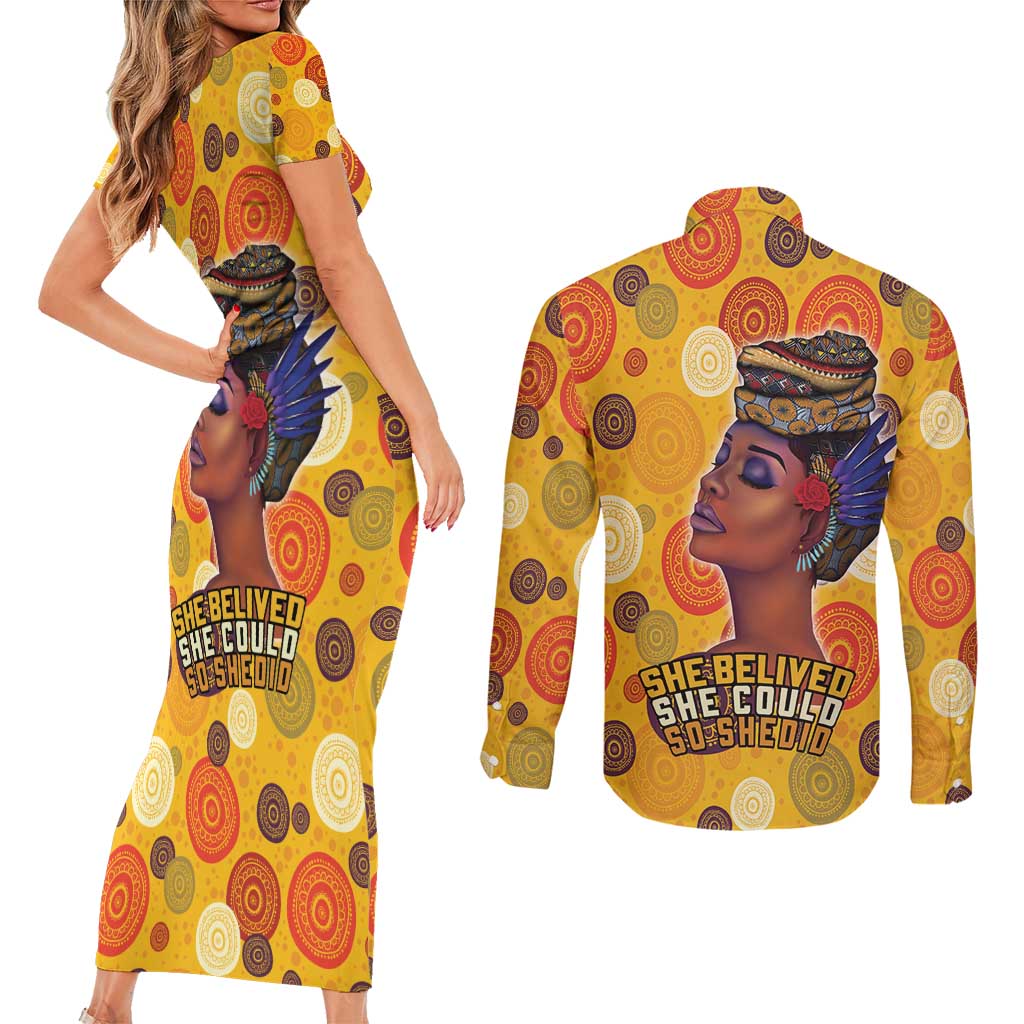 African She Believed Couples Matching Short Sleeve Bodycon Dress and Long Sleeve Button Shirt She Could So She Did