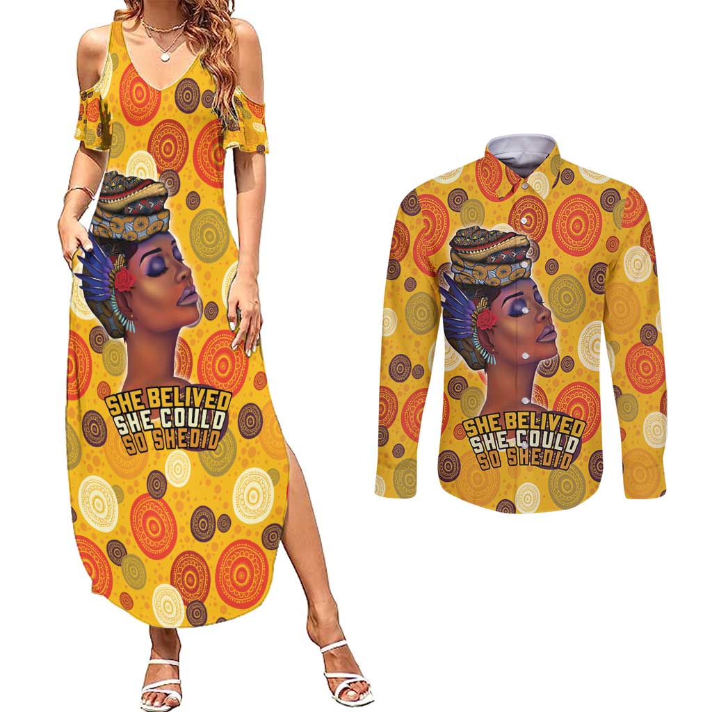 African She Believed Couples Matching Summer Maxi Dress and Long Sleeve Button Shirt She Could So She Did