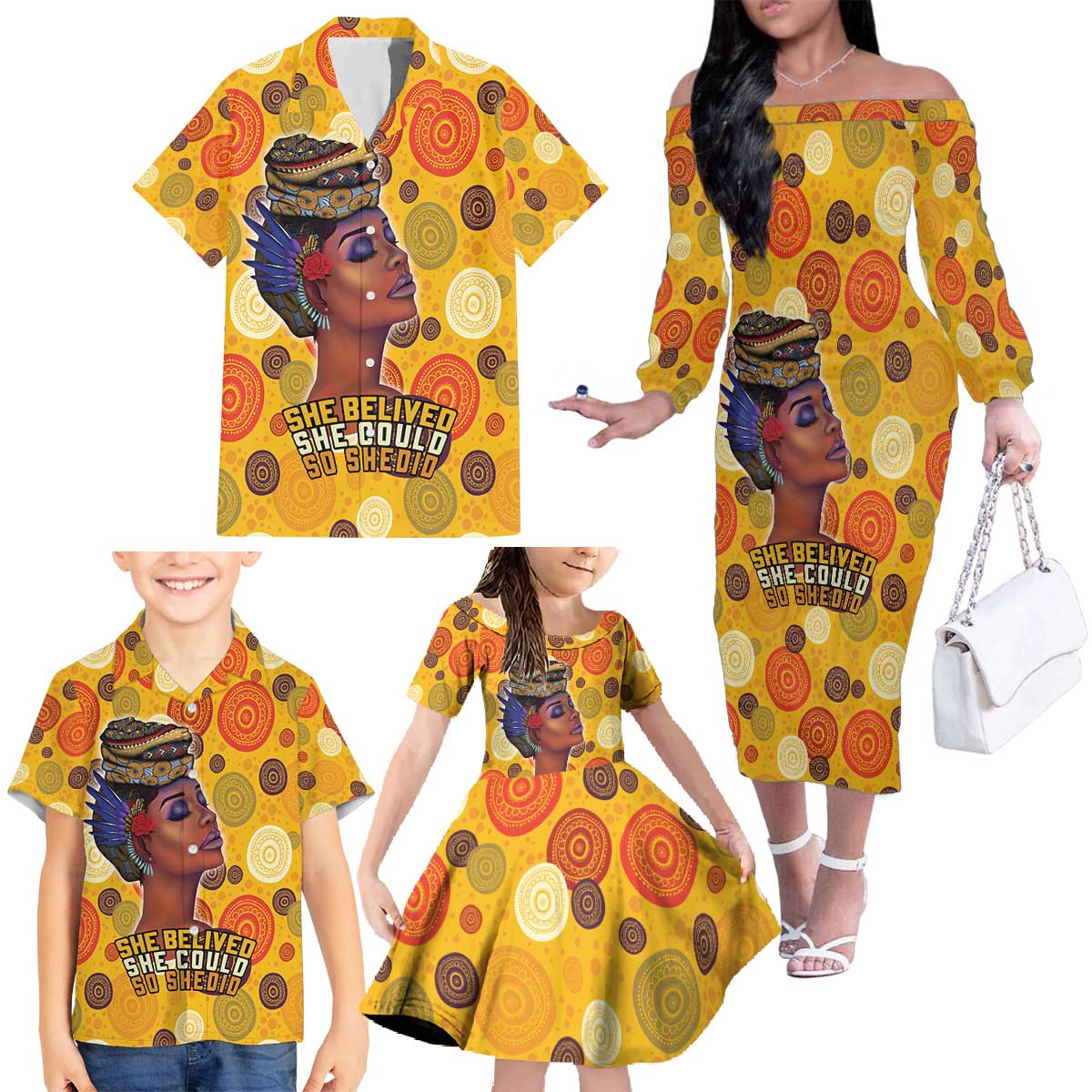 African She Believed Family Matching Off The Shoulder Long Sleeve Dress and Hawaiian Shirt She Could So She Did