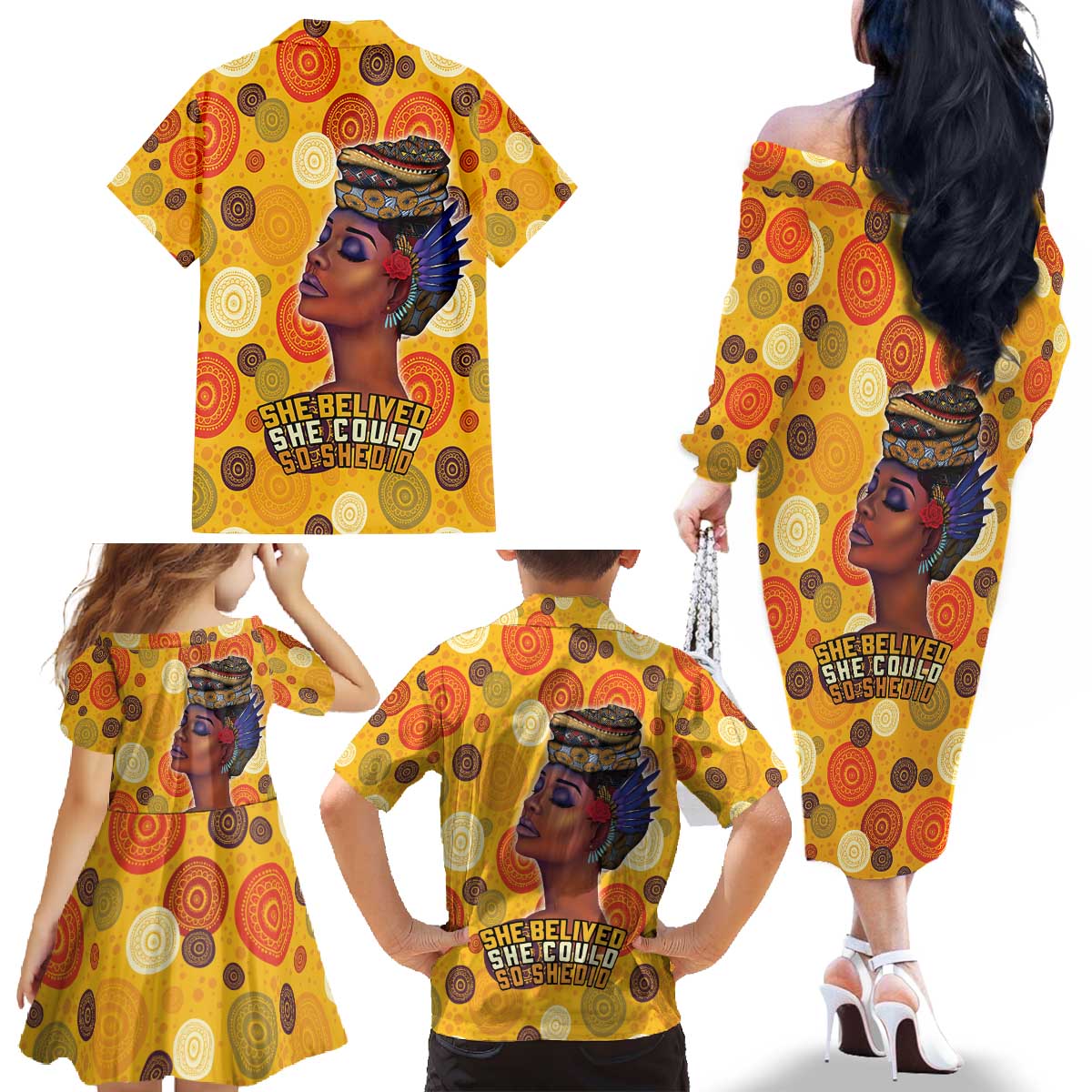 African She Believed Family Matching Off The Shoulder Long Sleeve Dress and Hawaiian Shirt She Could So She Did