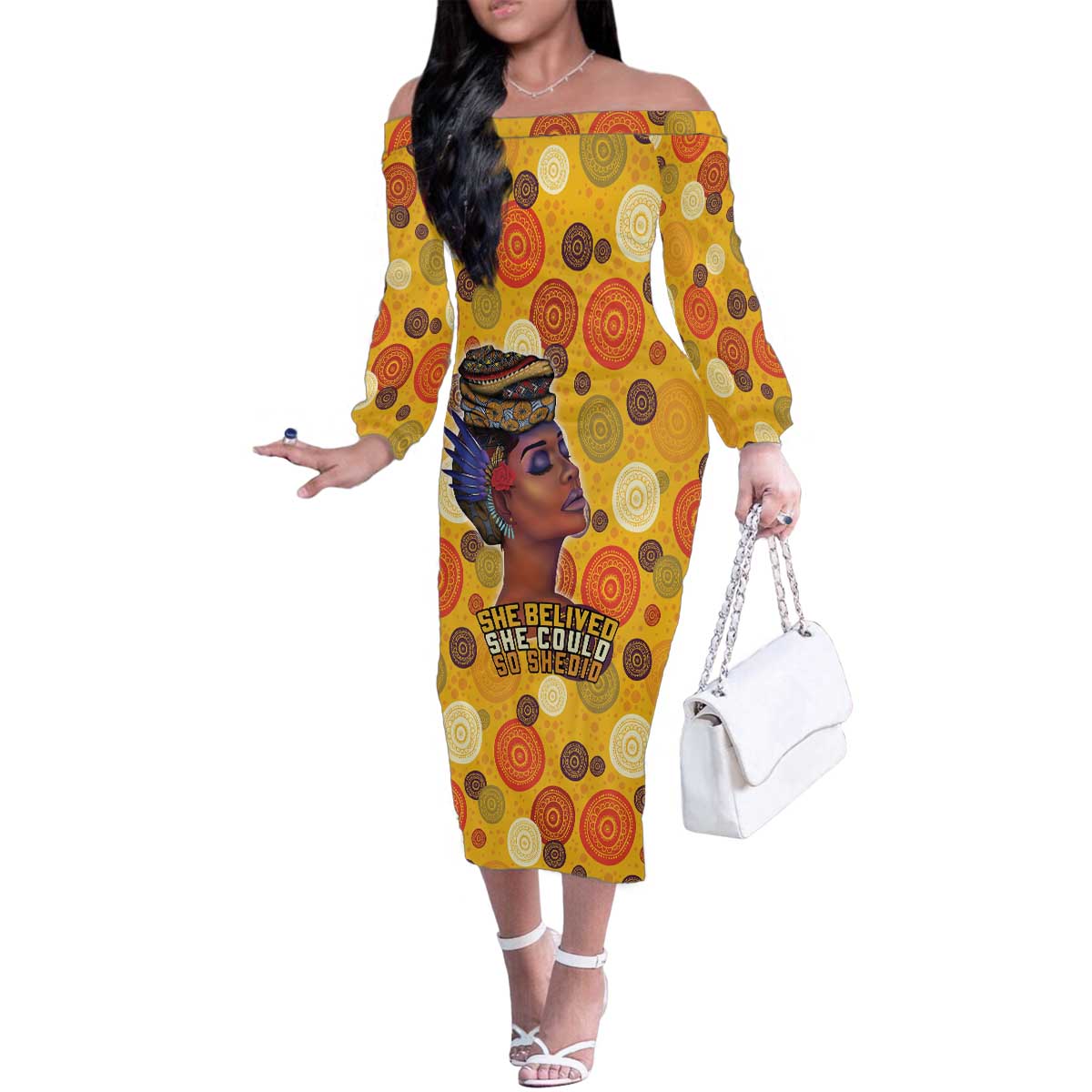 African She Believed Family Matching Off The Shoulder Long Sleeve Dress and Hawaiian Shirt She Could So She Did