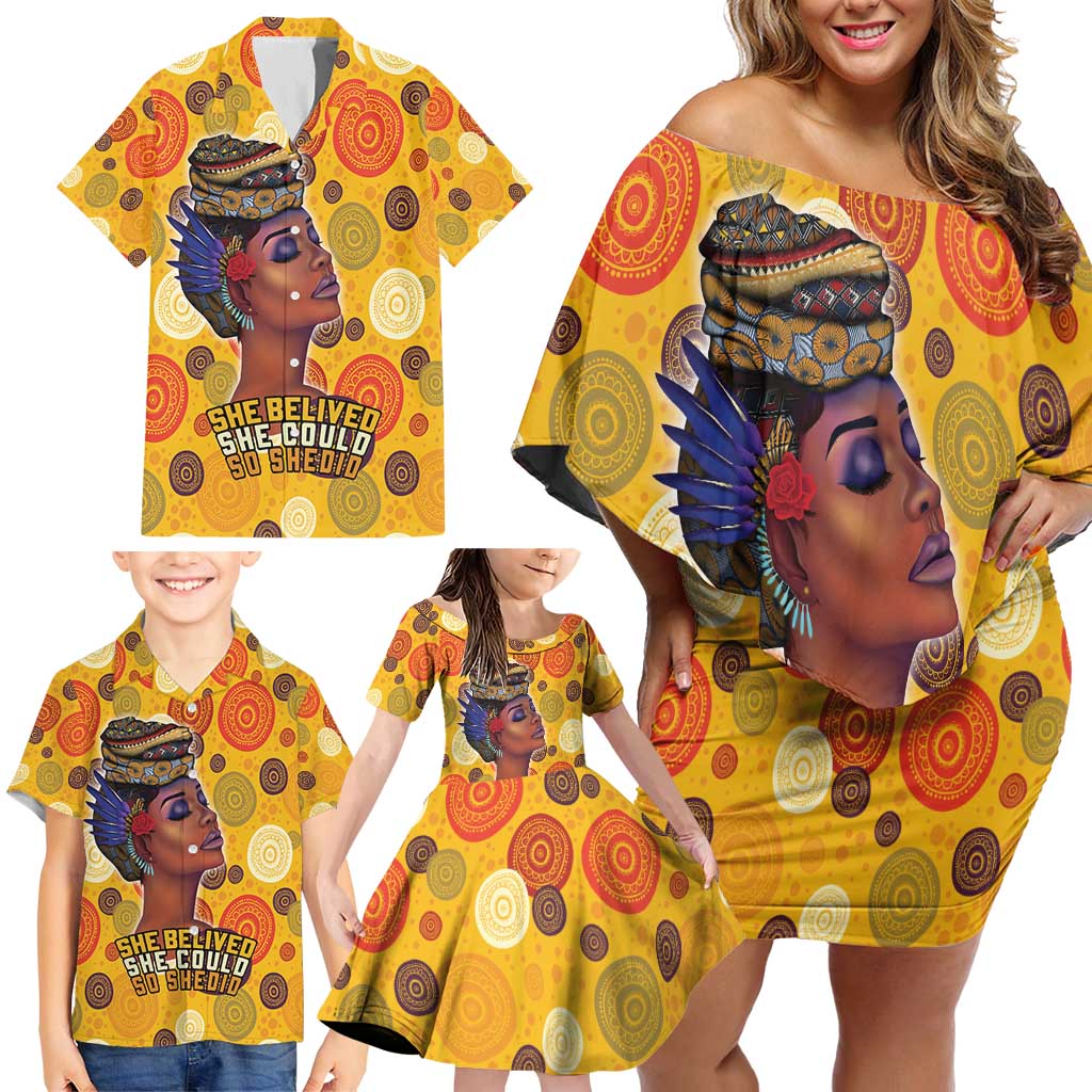 African She Believed Family Matching Off Shoulder Short Dress and Hawaiian Shirt She Could So She Did