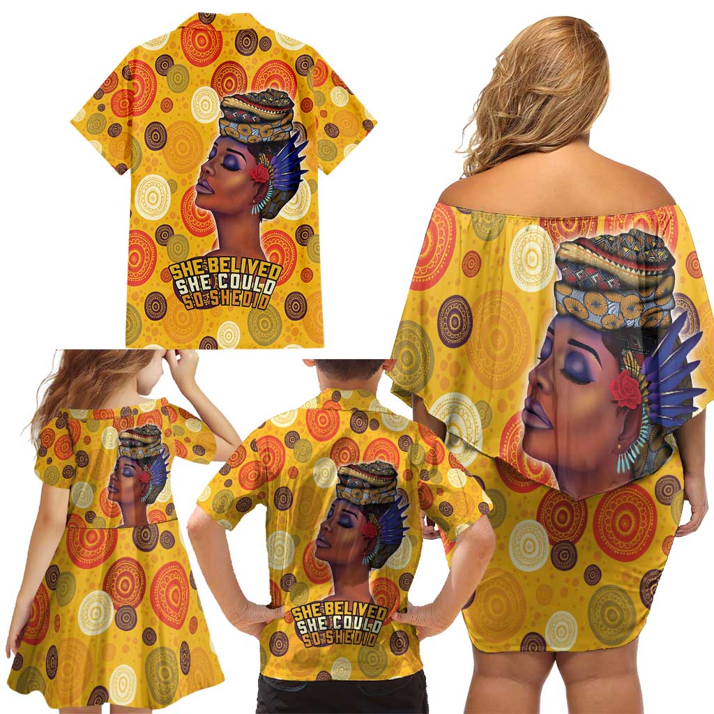 African She Believed Family Matching Off Shoulder Short Dress and Hawaiian Shirt She Could So She Did