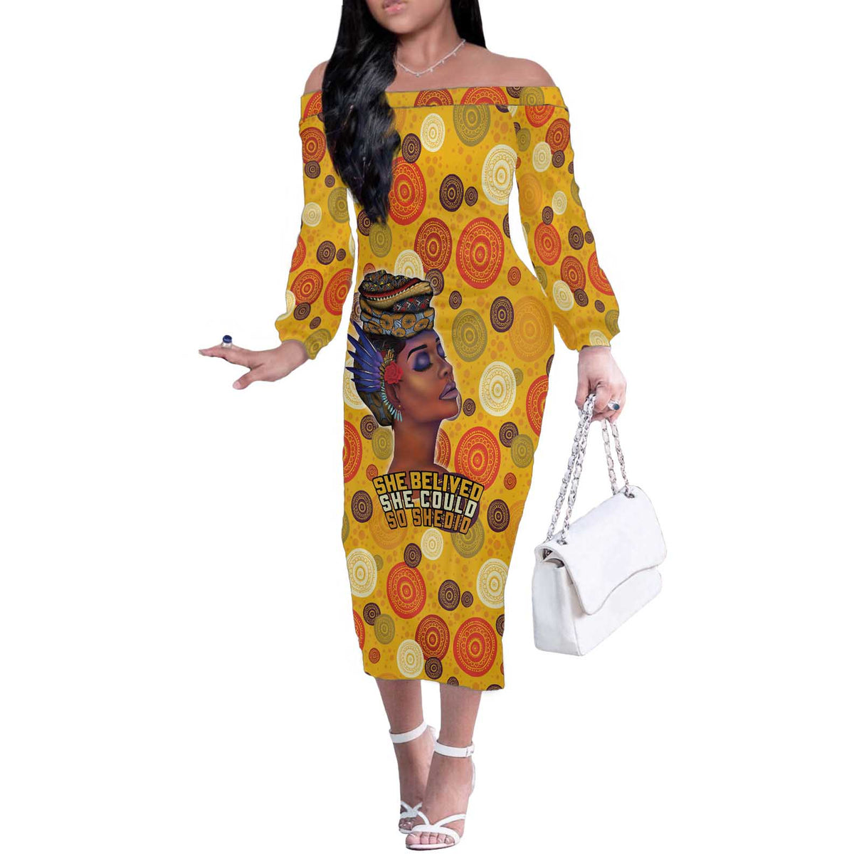 African She Believed Off The Shoulder Long Sleeve Dress She Could So She Did
