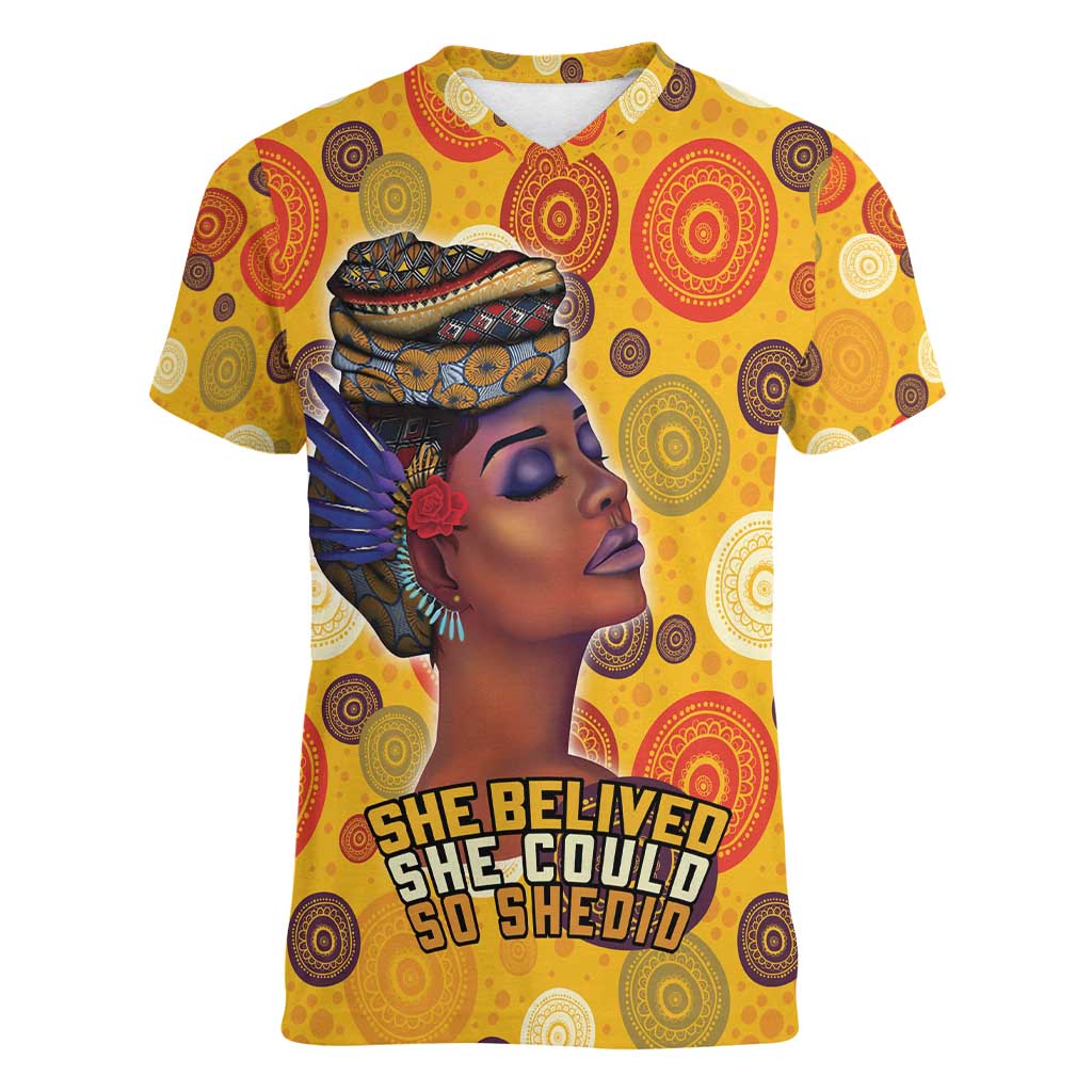 African She Believed Women V-Neck T-Shirt She Could So She Did - Wonder Print Shop
