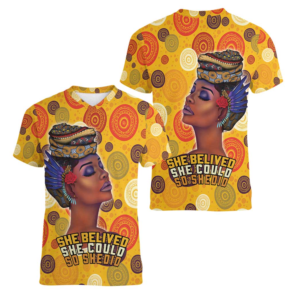 African She Believed Women V-Neck T-Shirt She Could So She Did - Wonder Print Shop