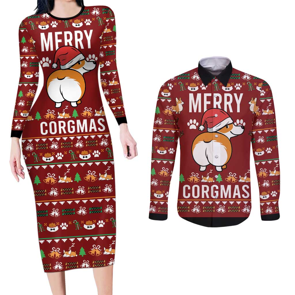 Funny Corgi Dog Couples Matching Long Sleeve Bodycon Dress and Long Sleeve Button Shirt Merry CORGMAS Christmas - Wonder Print Shop