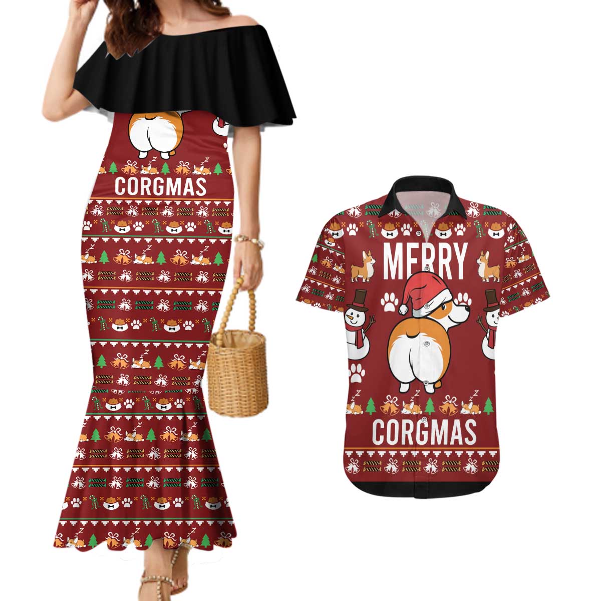 Funny Corgi Dog Couples Matching Mermaid Dress and Hawaiian Shirt Merry CORGMAS Christmas - Wonder Print Shop