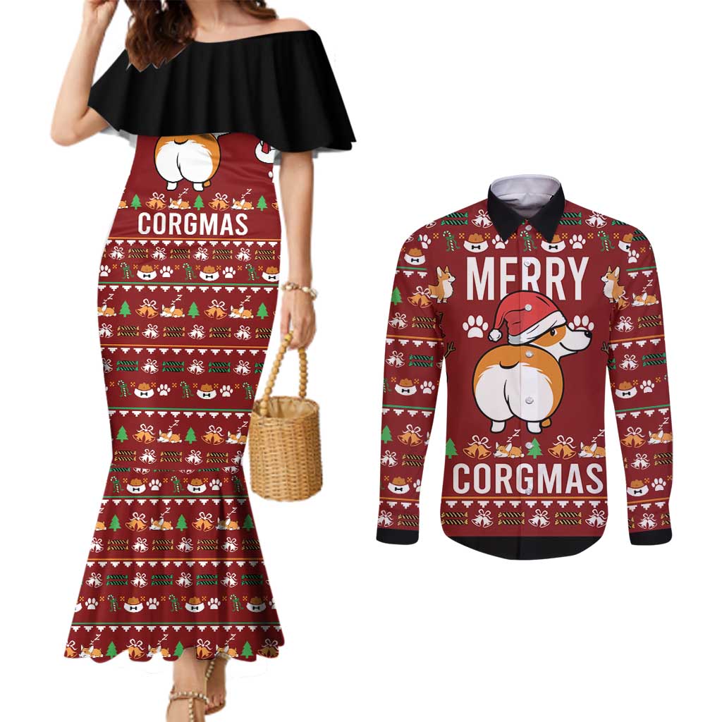 Funny Corgi Dog Couples Matching Mermaid Dress and Long Sleeve Button Shirt Merry CORGMAS Christmas