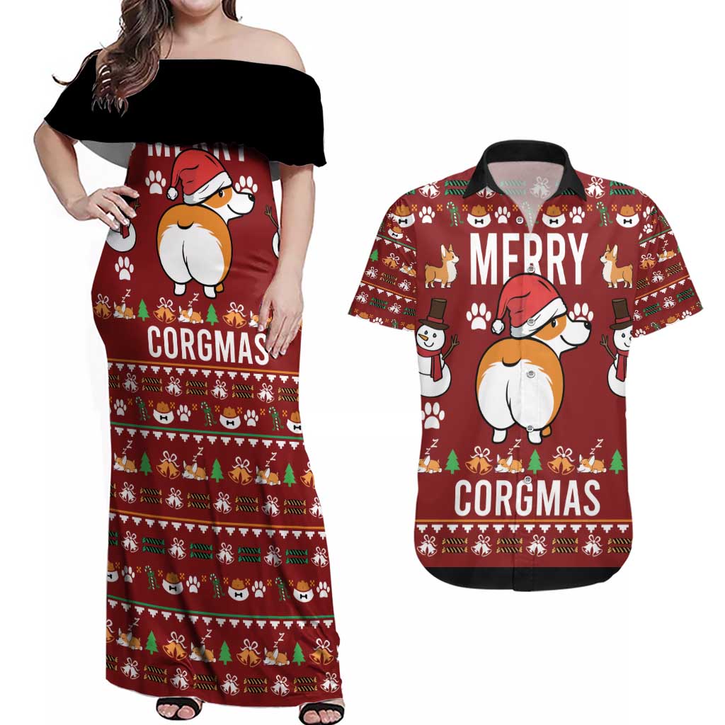Funny Corgi Dog Couples Matching Off Shoulder Maxi Dress and Hawaiian Shirt Merry CORGMAS Christmas - Wonder Print Shop