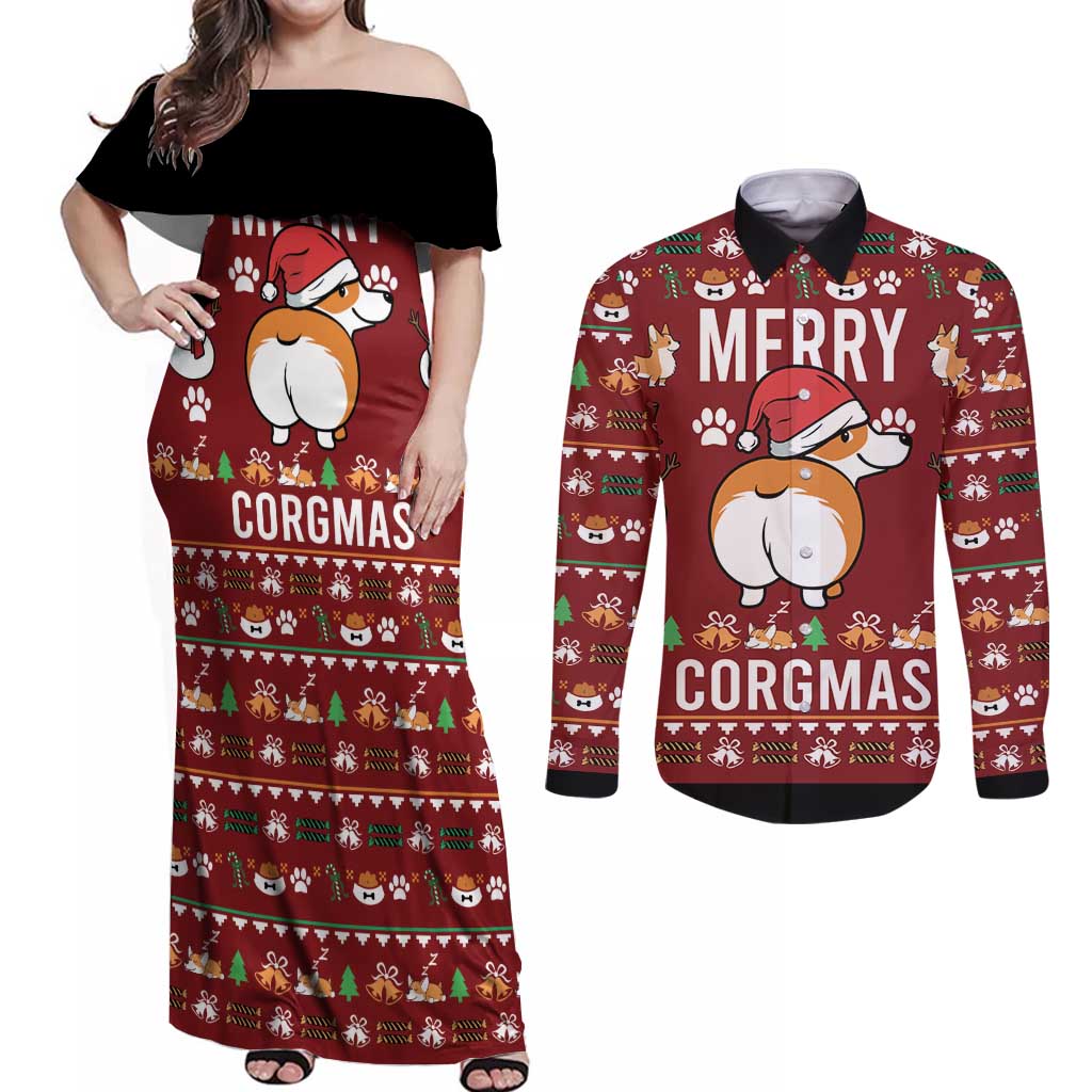 Funny Corgi Dog Couples Matching Off Shoulder Maxi Dress and Long Sleeve Button Shirt Merry CORGMAS Christmas - Wonder Print Shop