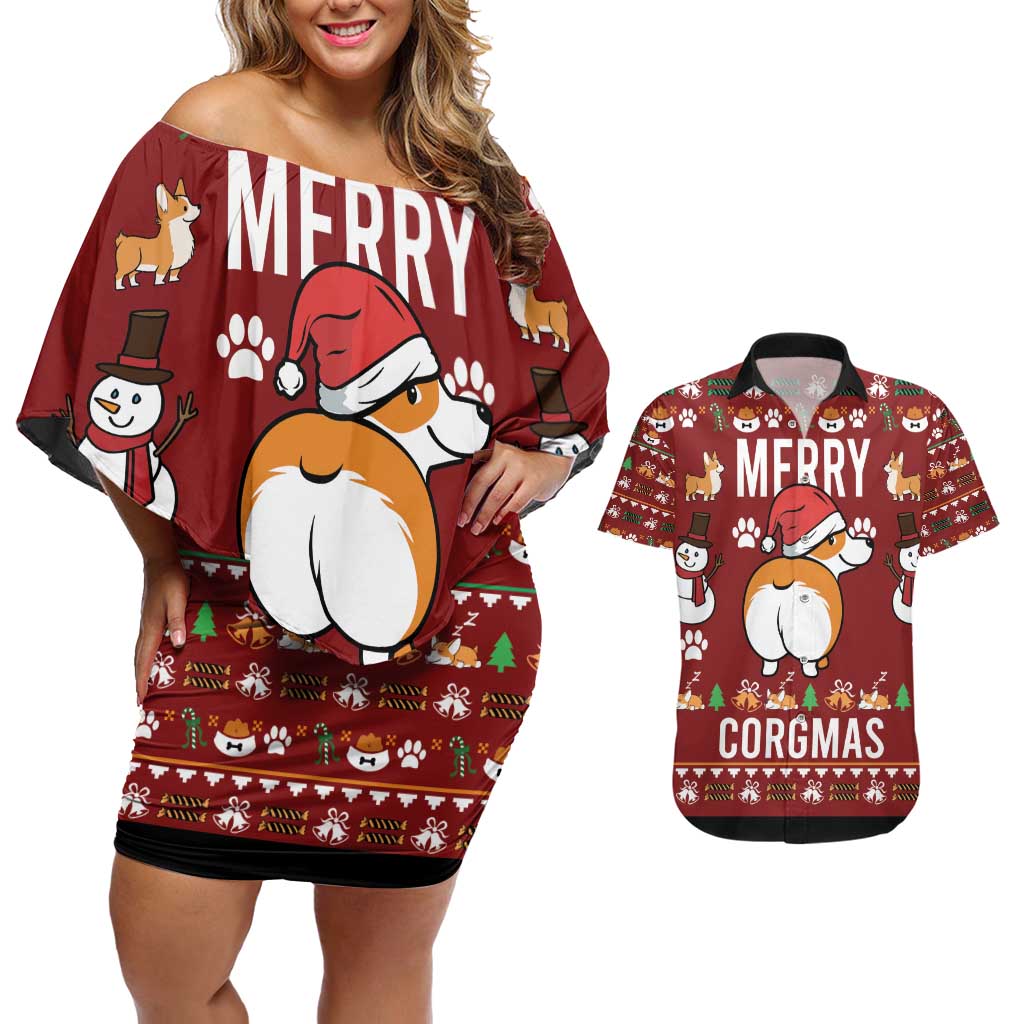 Funny Corgi Dog Couples Matching Off Shoulder Short Dress and Hawaiian Shirt Merry CORGMAS Christmas - Wonder Print Shop