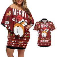 Funny Corgi Dog Couples Matching Off Shoulder Short Dress and Hawaiian Shirt Merry CORGMAS Christmas - Wonder Print Shop