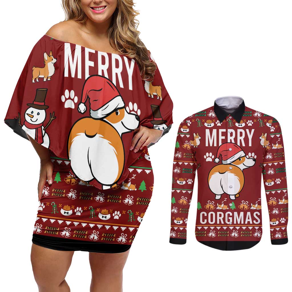 Funny Corgi Dog Couples Matching Off Shoulder Short Dress and Long Sleeve Button Shirt Merry CORGMAS Christmas - Wonder Print Shop