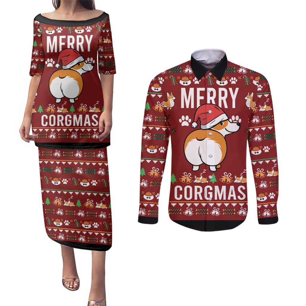 Funny Corgi Dog Couples Matching Puletasi and Long Sleeve Button Shirt Merry CORGMAS Christmas - Wonder Print Shop