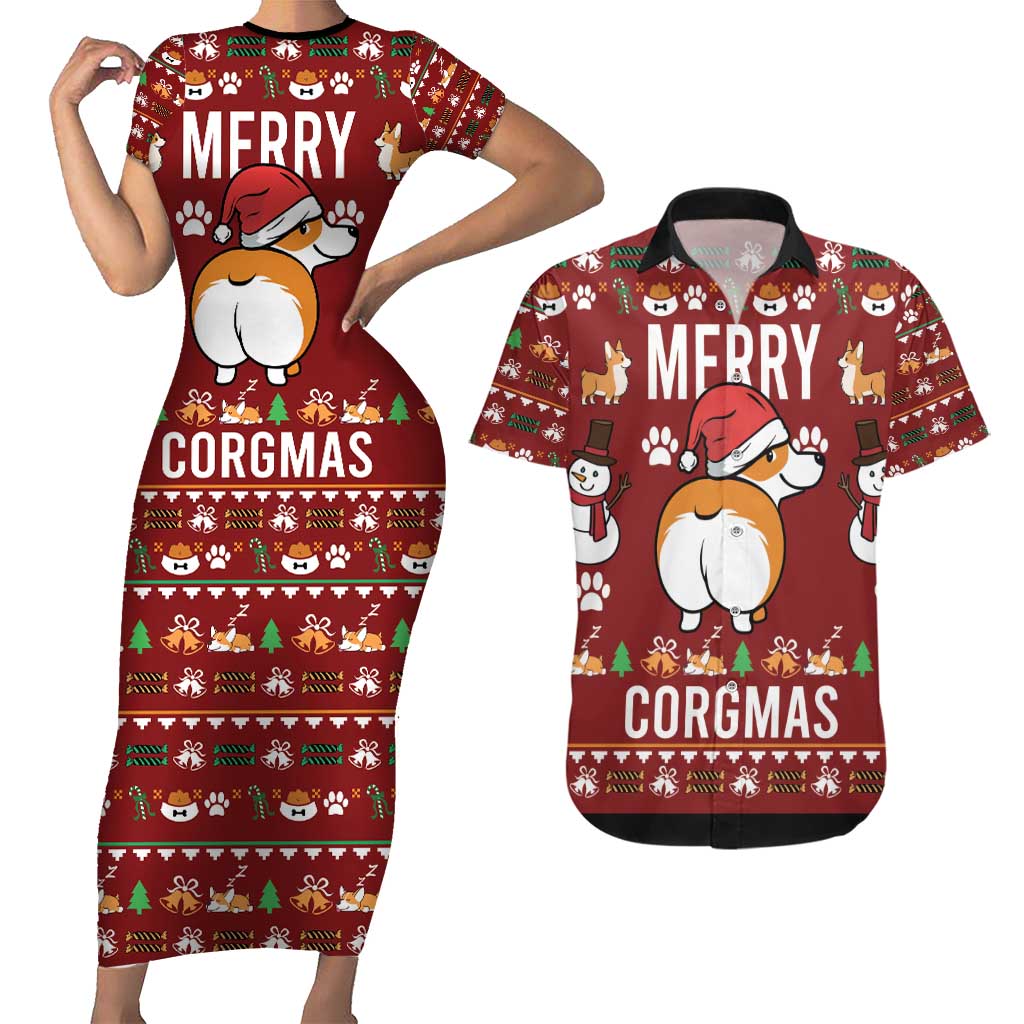 Funny Corgi Dog Couples Matching Short Sleeve Bodycon Dress and Hawaiian Shirt Merry CORGMAS Christmas - Wonder Print Shop