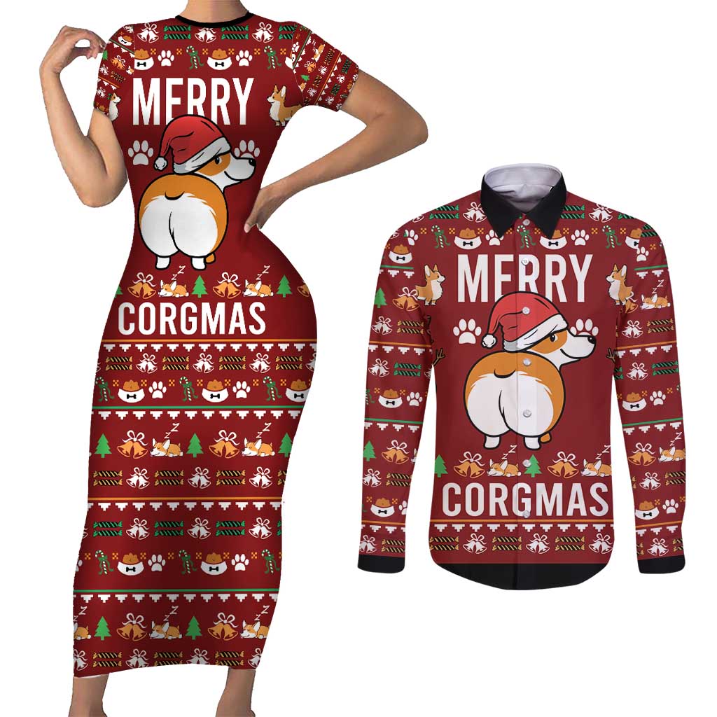 Funny Corgi Dog Couples Matching Short Sleeve Bodycon Dress and Long Sleeve Button Shirt Merry CORGMAS Christmas - Wonder Print Shop