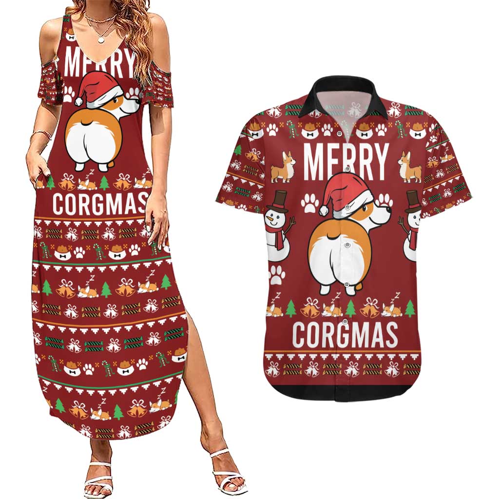 Funny Corgi Dog Couples Matching Summer Maxi Dress and Hawaiian Shirt Merry CORGMAS Christmas - Wonder Print Shop