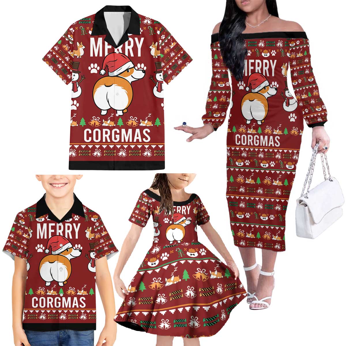 Funny Corgi Dog Family Matching Off The Shoulder Long Sleeve Dress and Hawaiian Shirt Merry CORGMAS Christmas - Wonder Print Shop