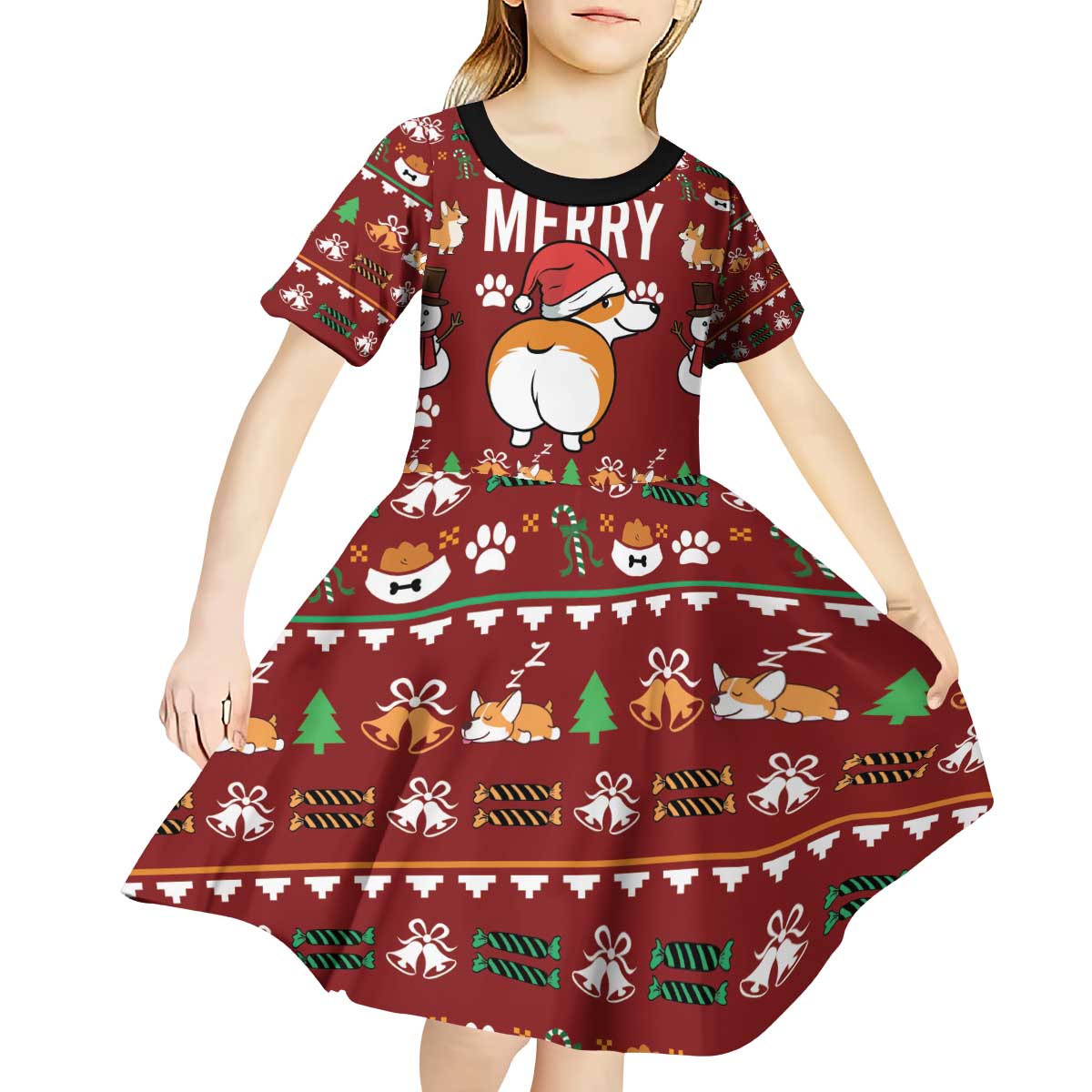 Funny Corgi Dog Kid Short Sleeve Dress Merry CORGMAS Christmas - Wonder Print Shop
