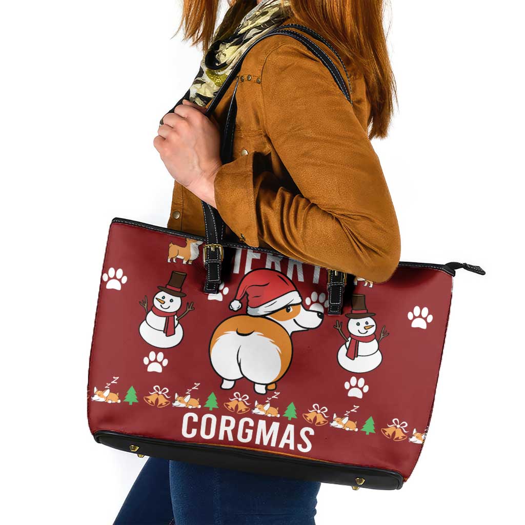 Funny Corgi Dog Leather Tote Bag Merry CORGMAS Christmas - Wonder Print Shop