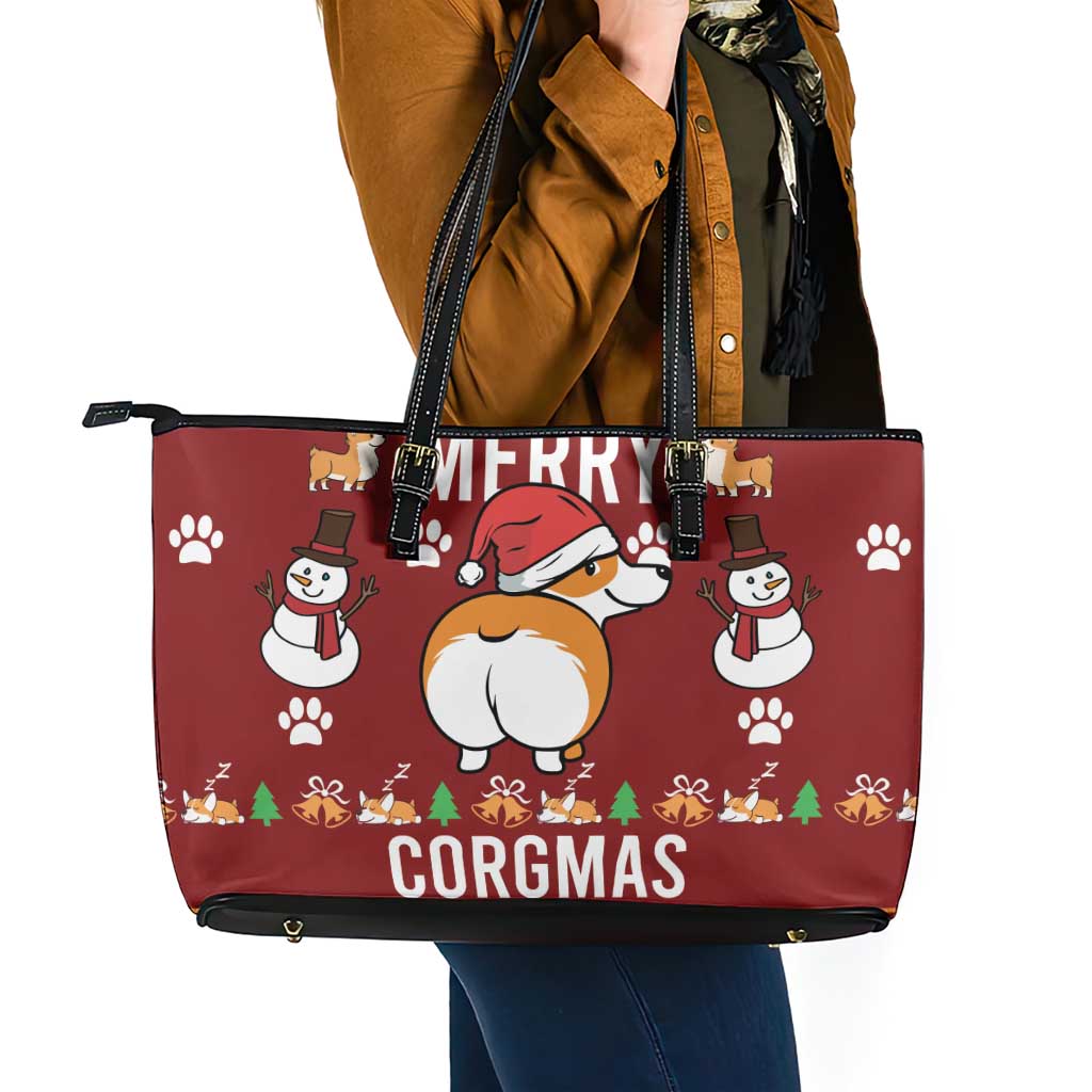 Funny Corgi Dog Leather Tote Bag Merry CORGMAS Christmas - Wonder Print Shop