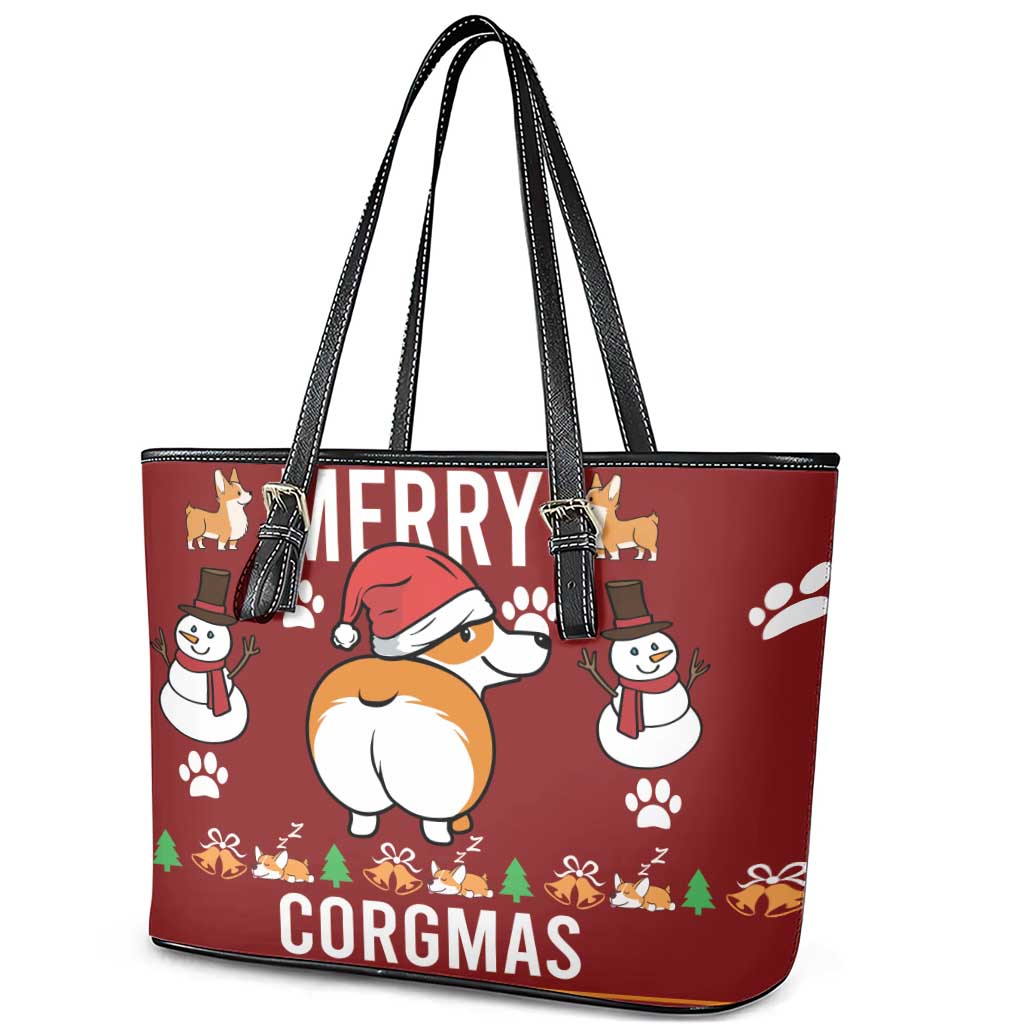 Funny Corgi Dog Leather Tote Bag Merry CORGMAS Christmas - Wonder Print Shop