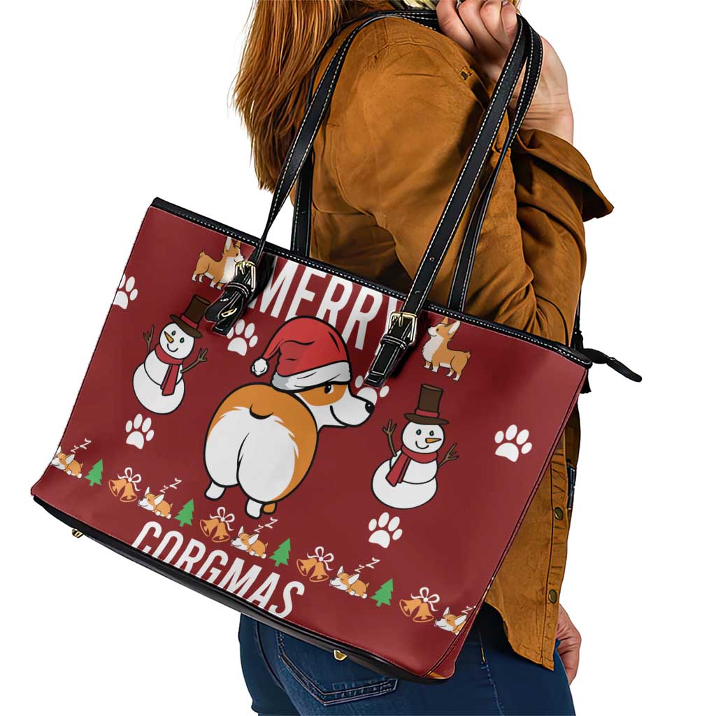 Funny Corgi Dog Leather Tote Bag Merry CORGMAS Christmas - Wonder Print Shop