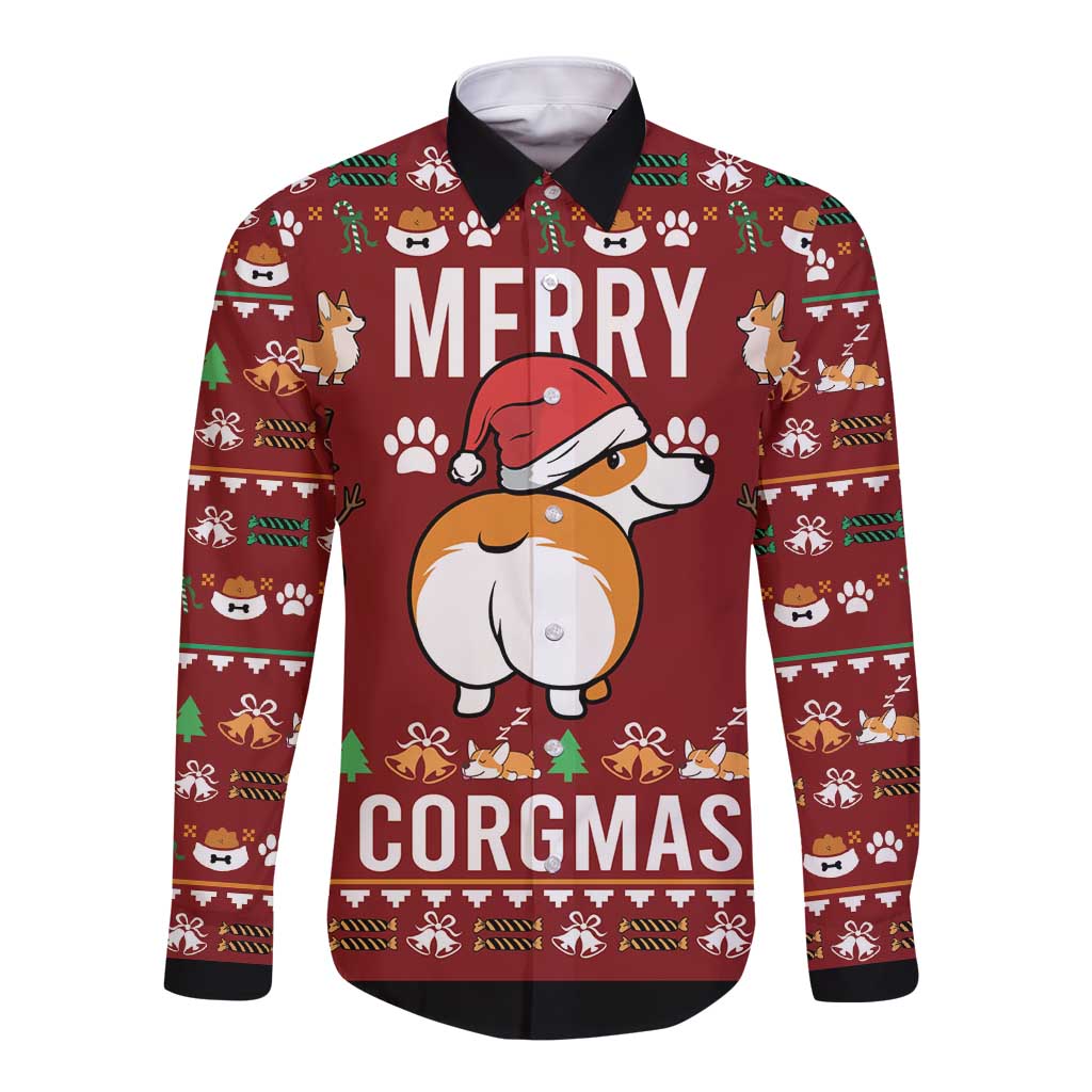 Funny Corgi Dog Long Sleeve Button Shirt Merry CORGMAS Christmas - Wonder Print Shop