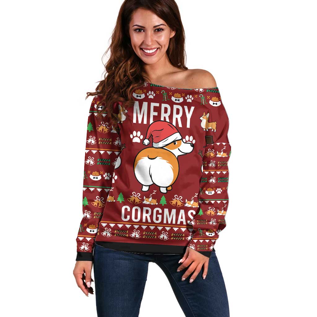 Funny Corgi Dog Off Shoulder Sweater Merry CORGMAS Christmas - Wonder Print Shop