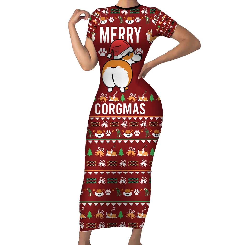 Funny Corgi Dog Short Sleeve Bodycon Dress Merry CORGMAS Christmas - Wonder Print Shop