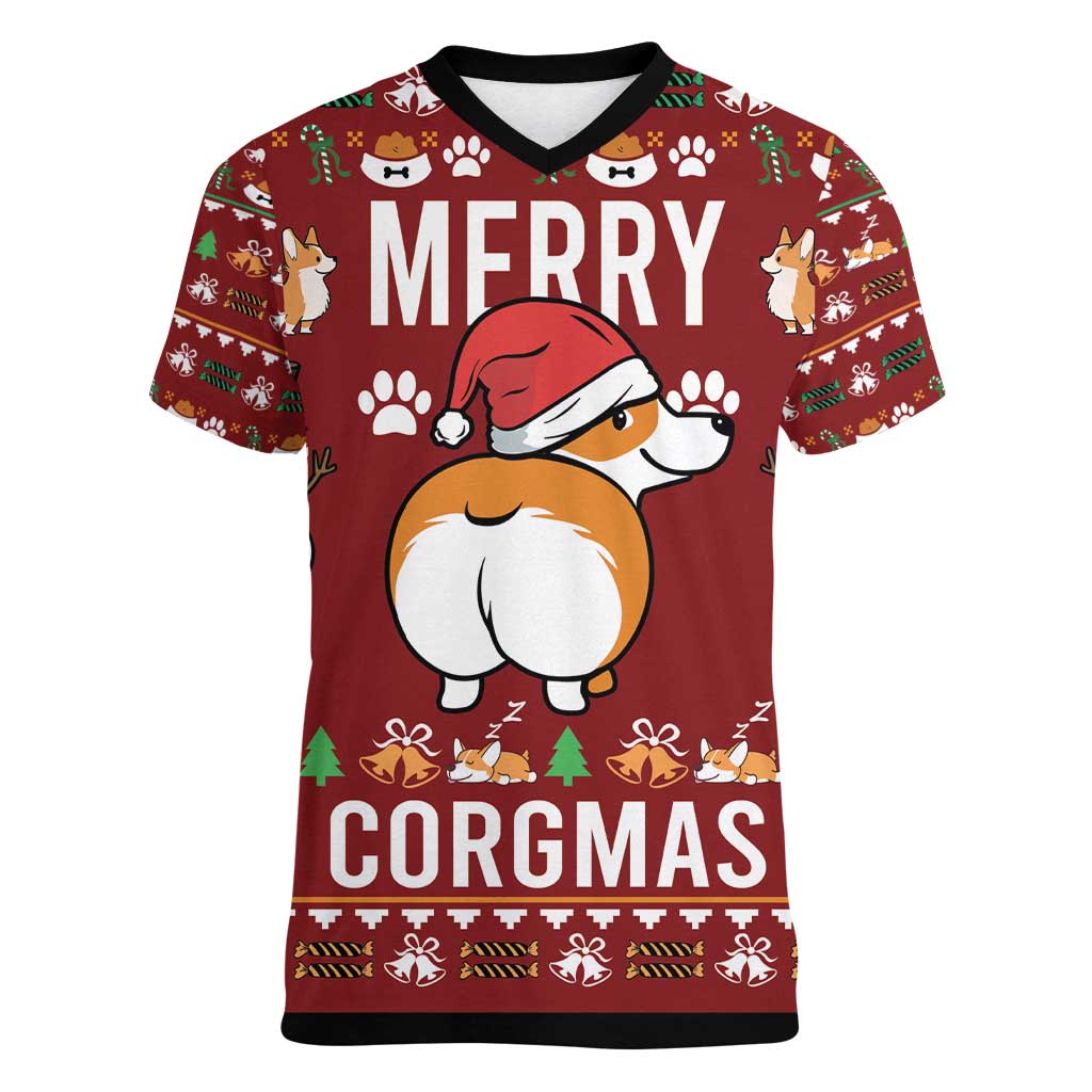 Funny Corgi Dog Women V-Neck T-Shirt Merry CORGMAS Christmas - Wonder Print Shop