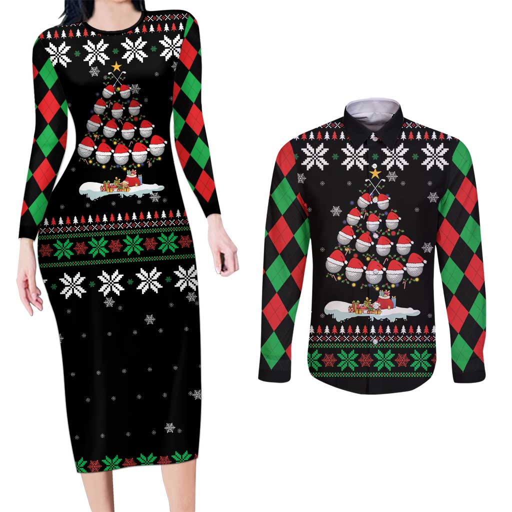 Golf Christmas Tree Snow Couples Matching Long Sleeve Bodycon Dress and Long Sleeve Button Shirt - Wonder Print Shop