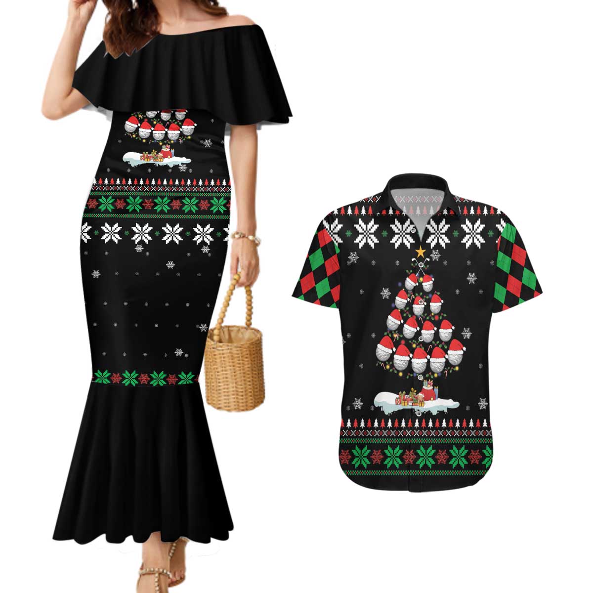 Golf Christmas Tree Snow Couples Matching Mermaid Dress and Hawaiian Shirt - Wonder Print Shop