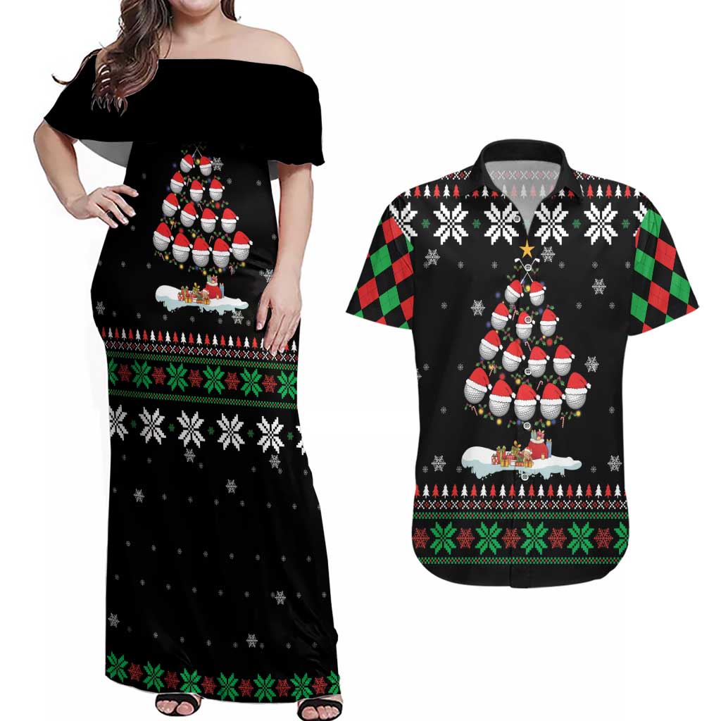 Golf Christmas Tree Snow Couples Matching Off Shoulder Maxi Dress and Hawaiian Shirt - Wonder Print Shop