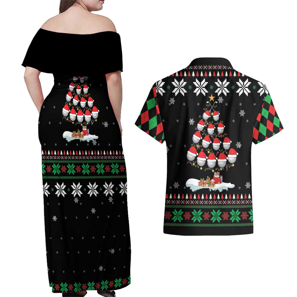 Golf Christmas Tree Snow Couples Matching Off Shoulder Maxi Dress and Hawaiian Shirt - Wonder Print Shop
