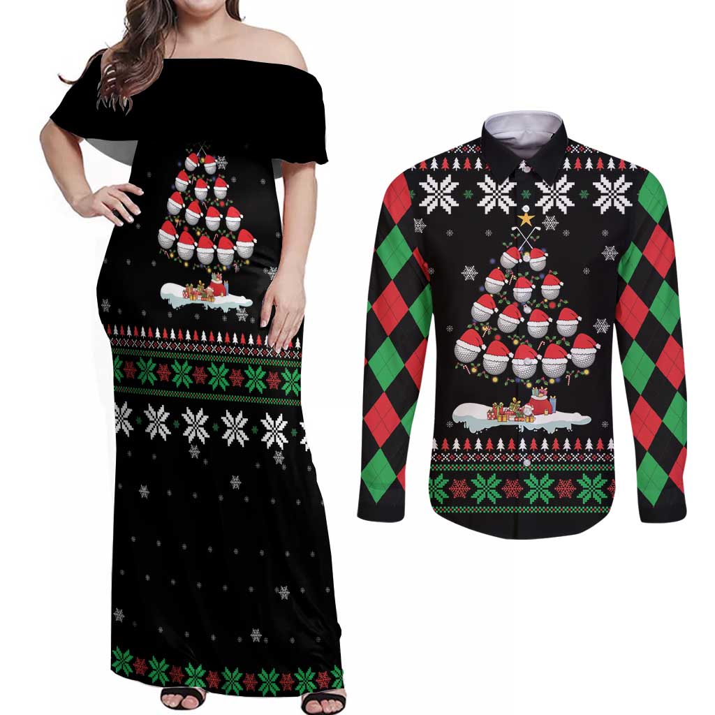 Golf Christmas Tree Snow Couples Matching Off Shoulder Maxi Dress and Long Sleeve Button Shirt - Wonder Print Shop