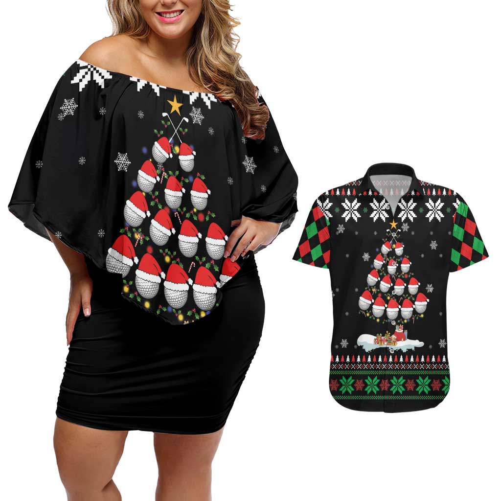 Golf Christmas Tree Snow Couples Matching Off Shoulder Short Dress and Hawaiian Shirt - Wonder Print Shop