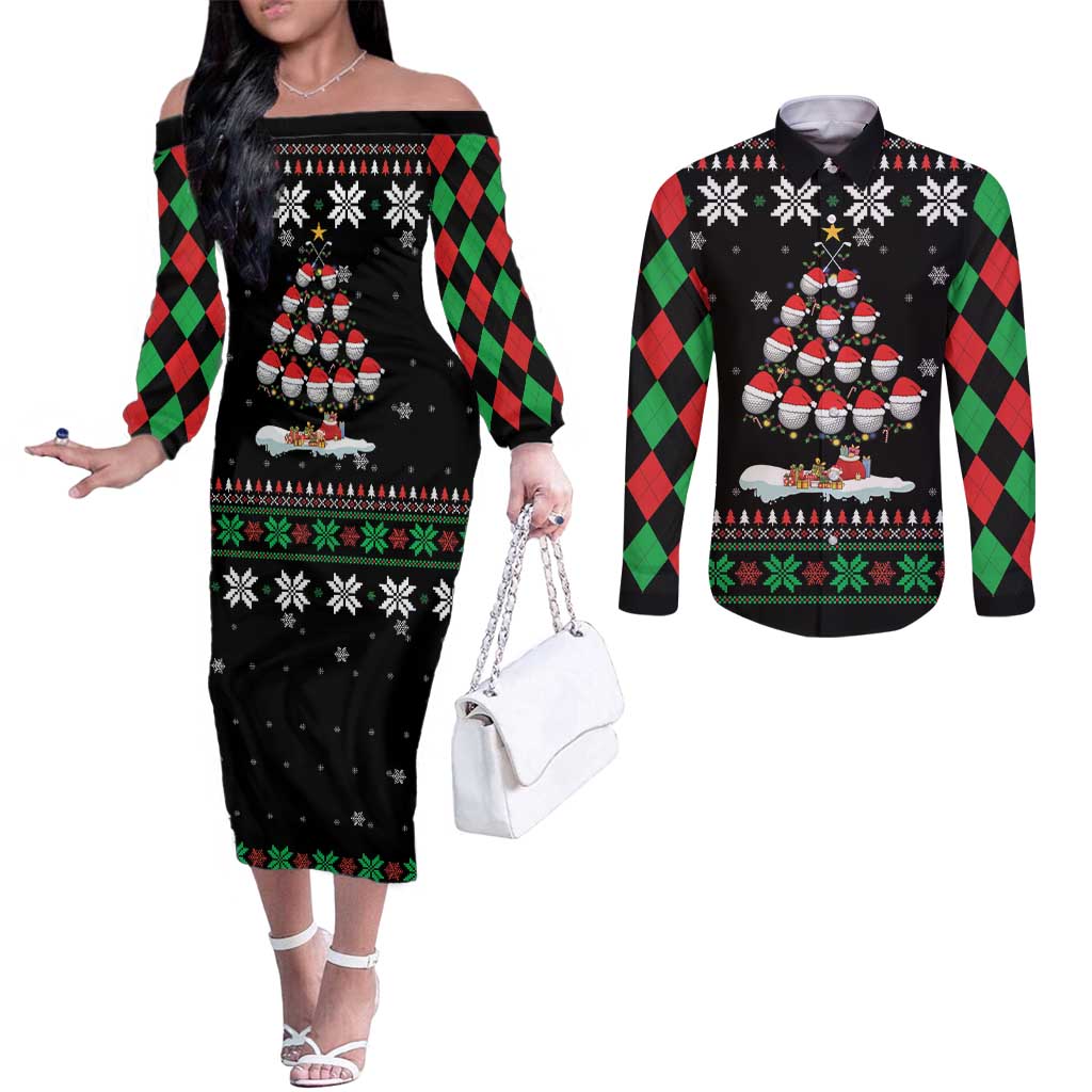 Golf Christmas Tree Snow Couples Matching Off The Shoulder Long Sleeve Dress and Long Sleeve Button Shirt