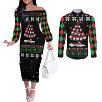 Golf Christmas Tree Snow Couples Matching Off The Shoulder Long Sleeve Dress and Long Sleeve Button Shirt