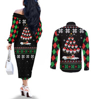 Golf Christmas Tree Snow Couples Matching Off The Shoulder Long Sleeve Dress and Long Sleeve Button Shirt