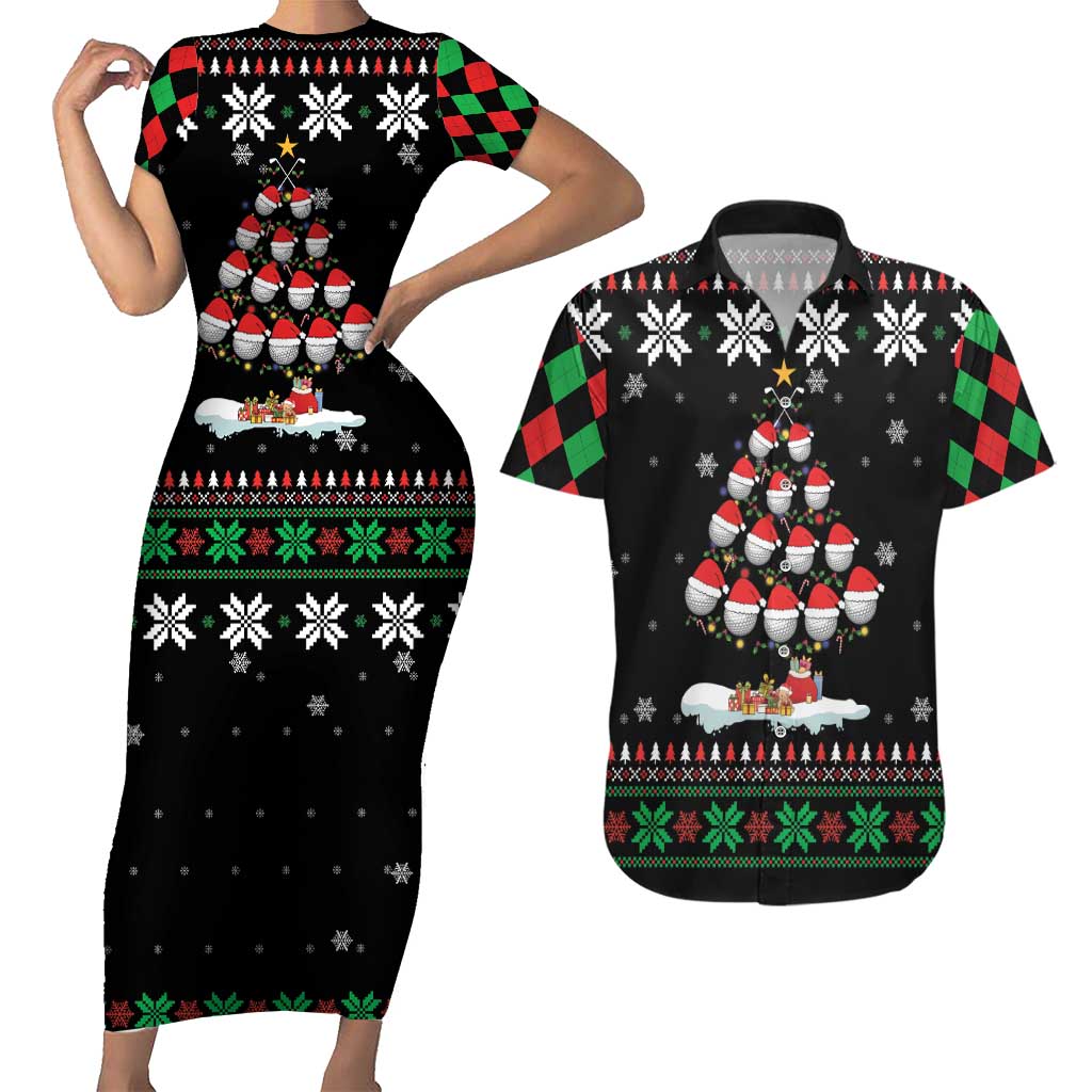 Golf Christmas Tree Snow Couples Matching Short Sleeve Bodycon Dress and Hawaiian Shirt - Wonder Print Shop